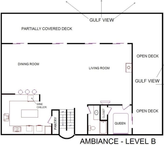 A level B layout view of Sand 'N Sea's beachfront house vacation rental in Galveston named Ambiance 